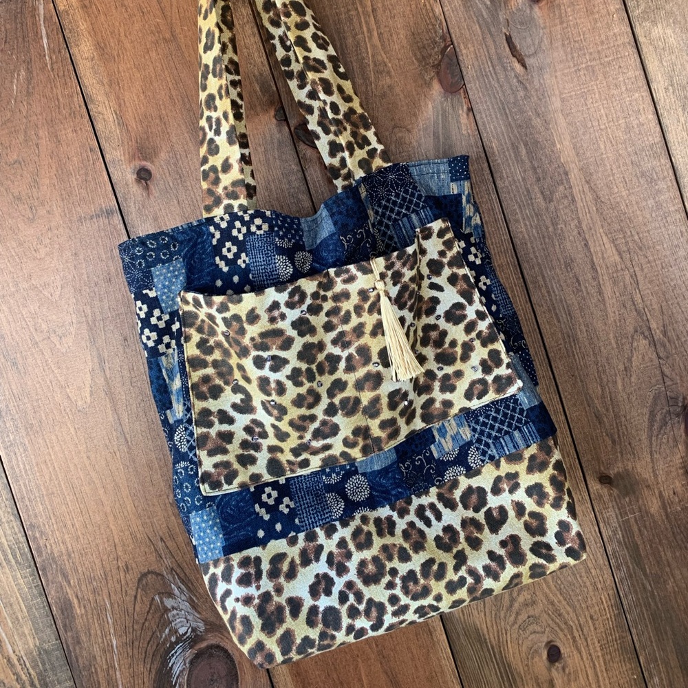 Handcrafted fabric tote bag hand beaded